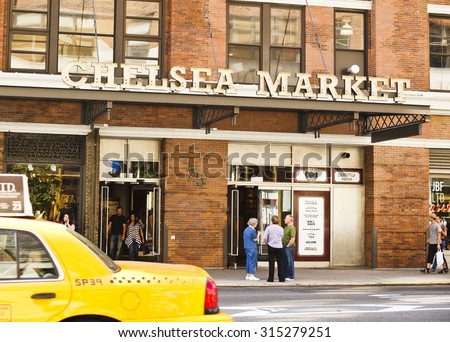 New York, New York, USA - May 12, 2011: Chelsea Market on 9th avenue above 15th street. Chelsea Market hosts a number of eateries and food outlets. People can be seen strolling and chatting.