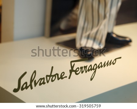 New York, New York, USA - March 14, 2011: The Salvatore Ferragmo logo as seen in a store window display on fifth avenue in Manhattan. Ferragamo produces luxury clothing and accessories.