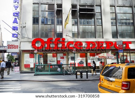 New York, New York, USA - June 30, 2011: An Office Depot in Midtown Manhattan. Office Depot is a chain of stores that sells office supplies and equipment. People can be seen on the street.