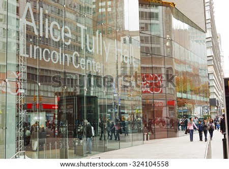 New York, New York, USA - November 13, 2011: The glass facade of Alice Tully Hall at Lincoln Center in Manhattan. Alice Tully Hall is one of the performance spaces at Lincoln Center.