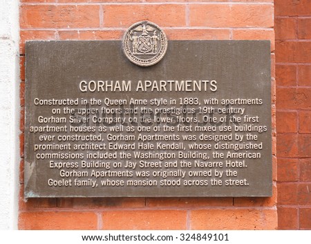 New York, New York, USA - January 7, 2012: This is a plaque on the historic Gorham Apartments Building on the corner of Broadway and 19th street in Manhattan.