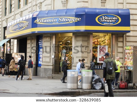 New York, New York, USA - October 15, 2015: The Vitamin Shoppe at Broadway and Astor Place in Lower Manhattan. The Vitamin Shoppe is a chain of stores that sells various vitamins and supplements.