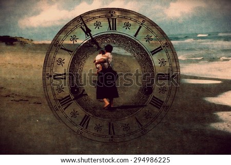 Mother and Infant Son on Beach - Clock Dial Double Exposure