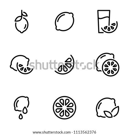 Set of black icons isolated on white background, on theme Lemon, Lime. Line, outline, stroke