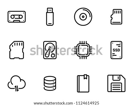 Set of black vector icons, isolated on white background, on theme Data storage. Line, outline, stroke, pictogram