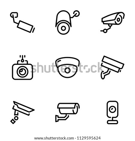 Set of black vector icons, isolated on white background, on theme CCTV Camera. Line, outline, stroke, pictogram
