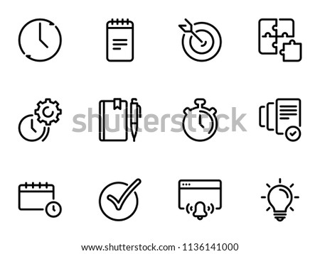 Set of black vector icons, isolated on white background, on theme Time management and personal tracking tools. Line, outline, stroke, pictogram