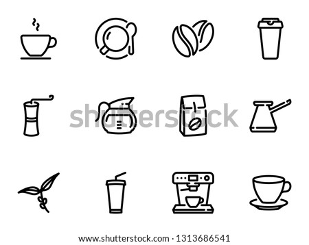 Set of black vector icons, isolated against white background. Illustration on a theme Coffee. Line, outline, stroke, pictogram