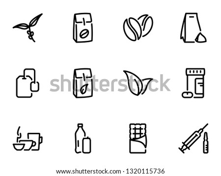 Set of black vector icons, isolated against white background. Illustration on a theme The main types of tea and coffee. Caffeine. Line, outline, stroke, pictogram