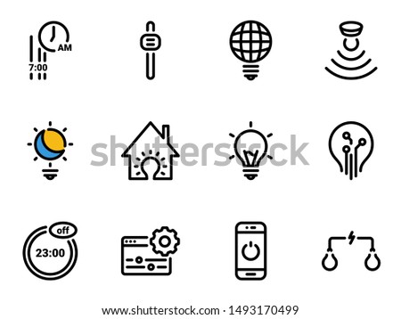 Set of black vector icons, isolated against white background. Illustration on a theme Smart home light, AI, night mode, fine-tuning, smartphone control. Line, outline, stroke, pictogram