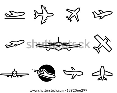 Set of black vector icons, isolated against white background. Flat illustration on a theme Air transport, aircraft. Line, outline, stroke, pictogram