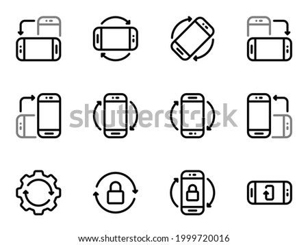 Set of black vector icons, isolated against white background. Flat illustration on a theme function of screen rotation in all directions. Line, outline, stroke, pictogram