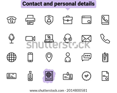 Set of black vector icons, isolated against white background. Flat illustration on a theme contact and personal data. Line, outline, stroke