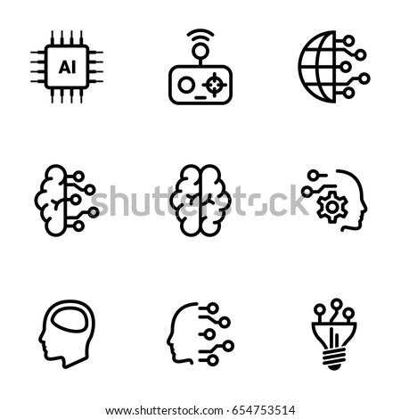 Set of simple icons on a theme Artificial intellect, mind, technology, vector, set. White background