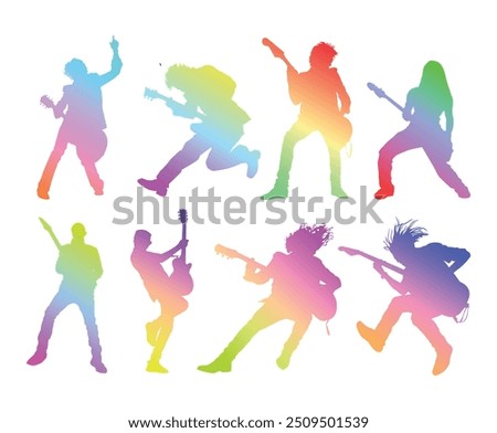 Men playing electric guitar rock genre music in multi color silhouette style for background design.