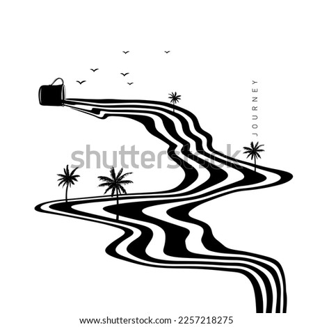 Hypnotic optical vector illustration. Multidimensional waves flowing out of a mug, with palm trees, birds, and 
