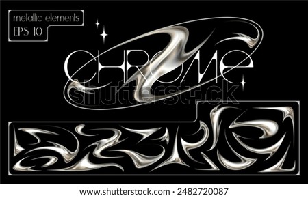 Set of neotribal metallic elements. Tattoo style chrome vector illustrations.