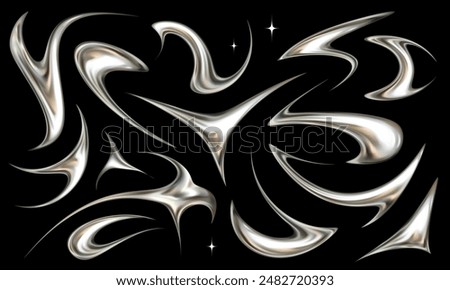 Set of neotribal metallic elements. Tattoo style chrome vector illustrations.