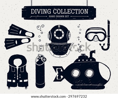 Hand drawn diving collection of elements. Scuba mask, helmet, oxygen cylinder, life jacket, bathyscaphe, and fins.