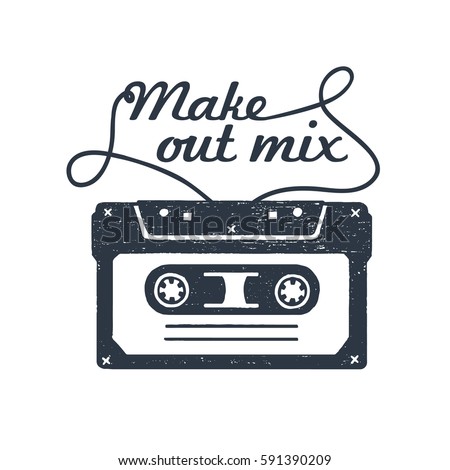 Hand drawn 90s themed badge with cassette tape textured vector illustration and 