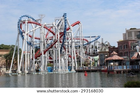 SINGAPORE - JUNE 06: Roller coaster in Universal Studios Singapore at Singapore Resorts World Sentosa on JUNE 06, 2015.