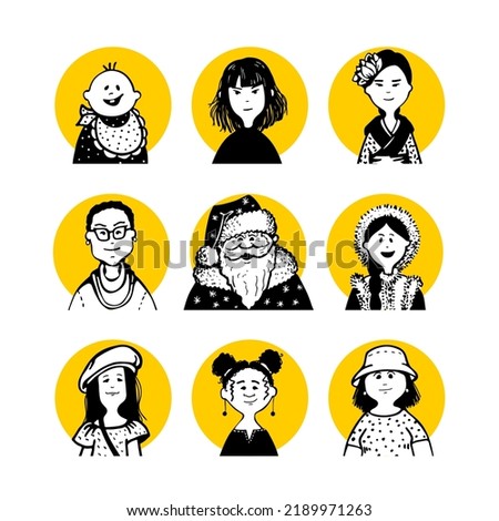 Collection 18 comic faces and characters of people in style of doodles for avatar in yellow circle and black and white icons and sets of icons and portraits of social networks for articles or site