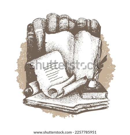 Antique books with ancient scroll of poetry and history manuscripts and novels and ink with quill pen on brown shabby background from round blob