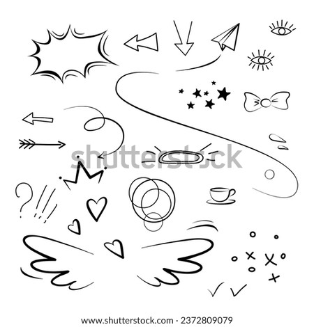 Set of doodle doodle elements for design layouts. Stars, sparkles, hearts, decorations, frames, speech bubbles, arrows, strokes. Children cute drawing.