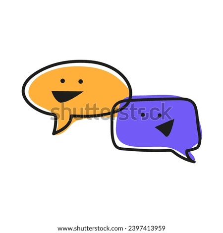 Two colored funny talking clouds with eyes and smile. Pop art illustration. Human emotions and emoticon. Dialog box with cartoon eyes