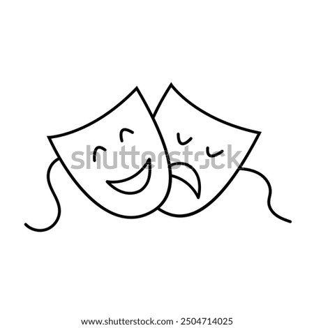 Two theater masks comedy and tragedy line sign in doodle style