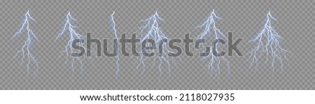 Realistic thunderstorm and lighting. Light and shine, abstract, electricity and explosion. Bolt lightning or electricity blast storm or thunderbolt on transparent background. Vector illustration. 