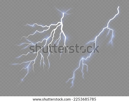 Realistic thunderstorm and blue lighting. Light and shine, abstract, electricity and explosion. Bolt lightning or electricity blast storm or thunderbolt on transparent background. Vector illustration.