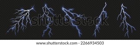 Realistic thunderstorm, white and blue lighting. Light and shine, abstract, electricity and explosion. Bolt lightning or electricity blast storm or thunderbolt on transparent background, vector.