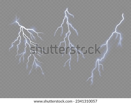Power electrical energy lightning spark or electricity effects. Electric blue lightning strike during a night storm, strike, crack, flash of magical energy. Realistic discharge. Vector illustration.