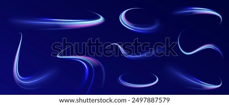 Light everyday glowing effect. High speed motion blur light effects at night, blue line. Semicircular wave, light trail curve swirl, optical fiber incandescent png. Bright sparkling background vector.