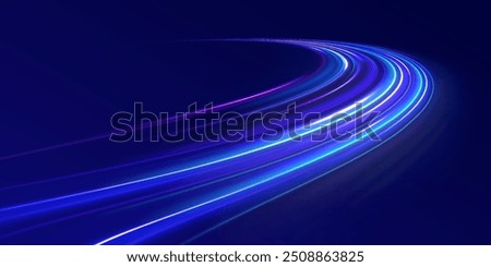 Speed connection vector background. Light and stripes moving fast over dark background. Database fast data transfer acceleration. Colorful dynamic motion on blue background.