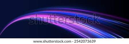 Abstract neon background with shining wires. Motion design. Magic empty space. Panoramic high speed technology concept, light abstract background.