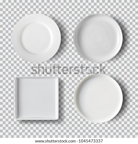 White plate set isolated on transparent background. Kitchen dishes, plate and dish clean for kitchen, porcelain dishware. Vector illustration for your product, food ads, tableware design element.