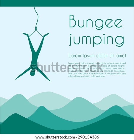 Rope jumping. Bungee jumping. Extreme sports. Silhouette person jumping on rope on mountains background. Vector illustration.