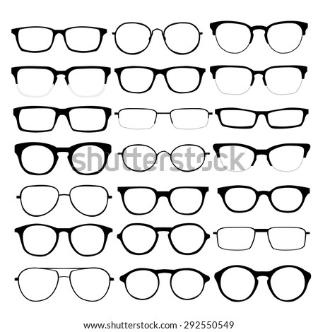 Set of custom glasses isolated. Vector illustration on white background. Glasses model icons, man, women frames. Sunglasses, eyeglasses isolated on white.  silhouettes. Different shapes, frame, styles