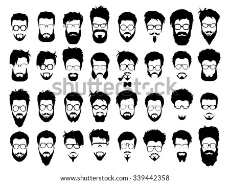 Vector set dress up constructor. Different men faces hipster geek style haircut, glasses, beard, mustache, bowtie, pipe. Silhouette icon creation kit. Design flat avatar for social media or web site