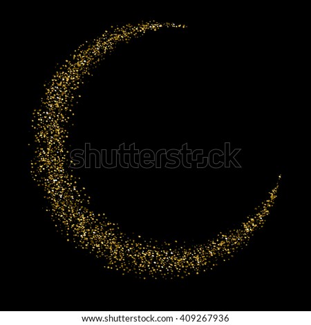 Vector gold glittering star dust half moon on a black background. Golden explosion of confetti. Golden grainy surface for for flyer, poster, sale sign. Abstract texture for your desugn and business