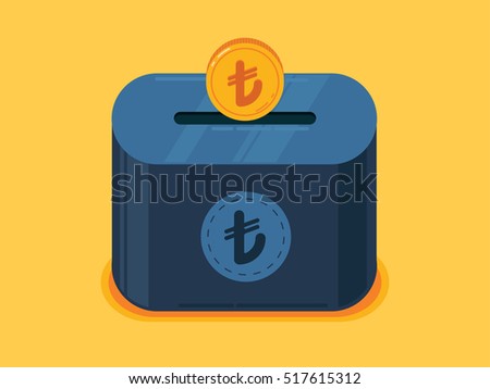 Money Saving Illustration with turkish lira coins, coin box, mini box, piggy bank