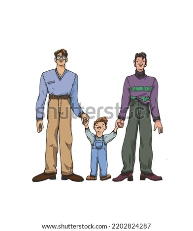 Hand drawn lgbt family - two male with child.