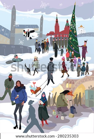 Moscow in winter season - vector illustration in naive style. Best for postcards, posters and other graphic products