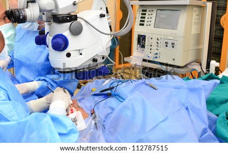 surgeons holding medical instruments in hands and looking at patient - eye operation