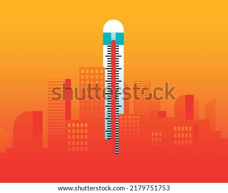 Hot day in the city with a thermometer placed like a building. Summer, heatwave in the city and high temperatures concept. Abstract city skylines. Vector illustration