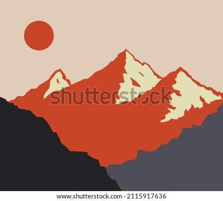 Mountain range vector with orange and monochromatic black elements. Outdoorwilderness vibes. In EPS 10 