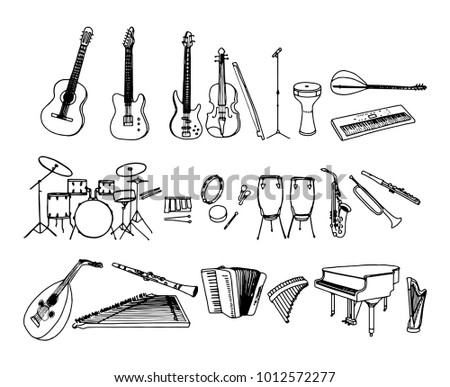 Black and white hand drawn musical instruments