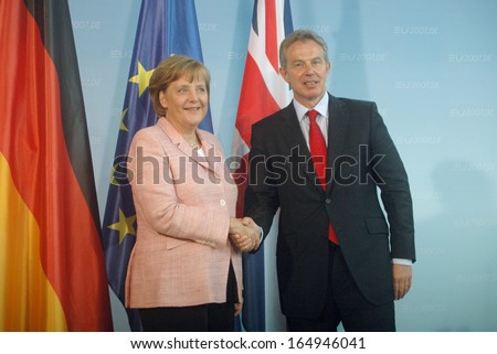 JUNE 3, 2007 - BERLIN: Chancellor Angela Merkel, British Prime Minister Tony Blair at a press conference after a meeting in the Chanclery in Berlin.